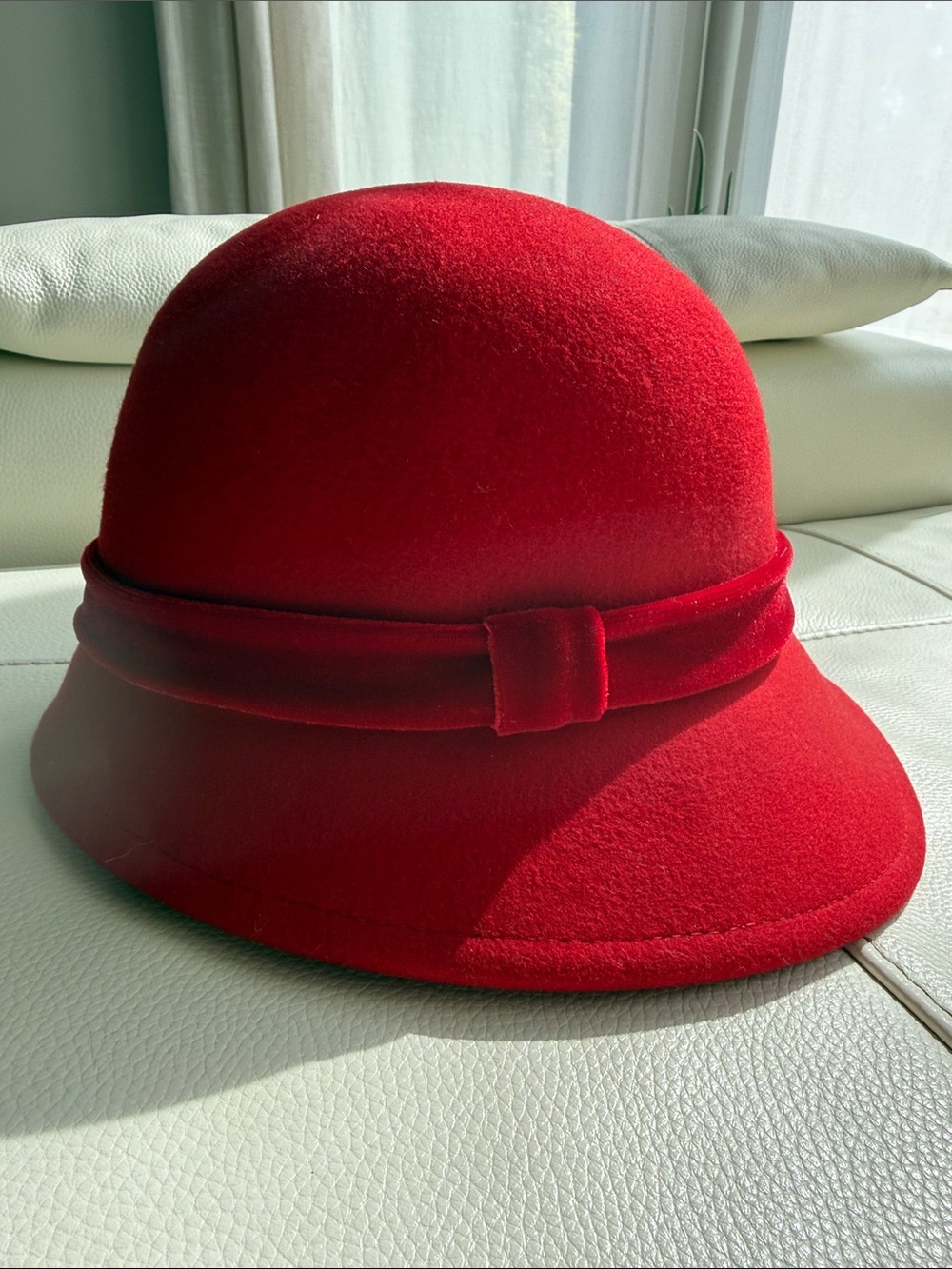 Nine West 100% Wool Red Felt Cloche Hat with Velvet Band Detail